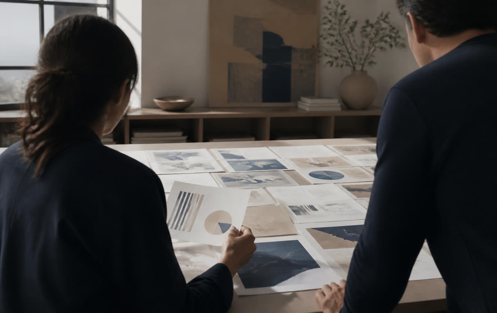 Two Market Arc strategists reviewing printed visibility research across a studio table